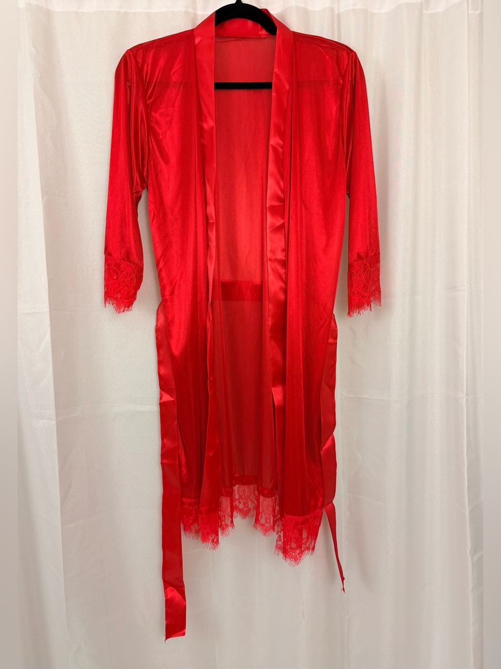 Women's Red Satin Lace Trim Robe - Unbranded - Picture 3 of 4